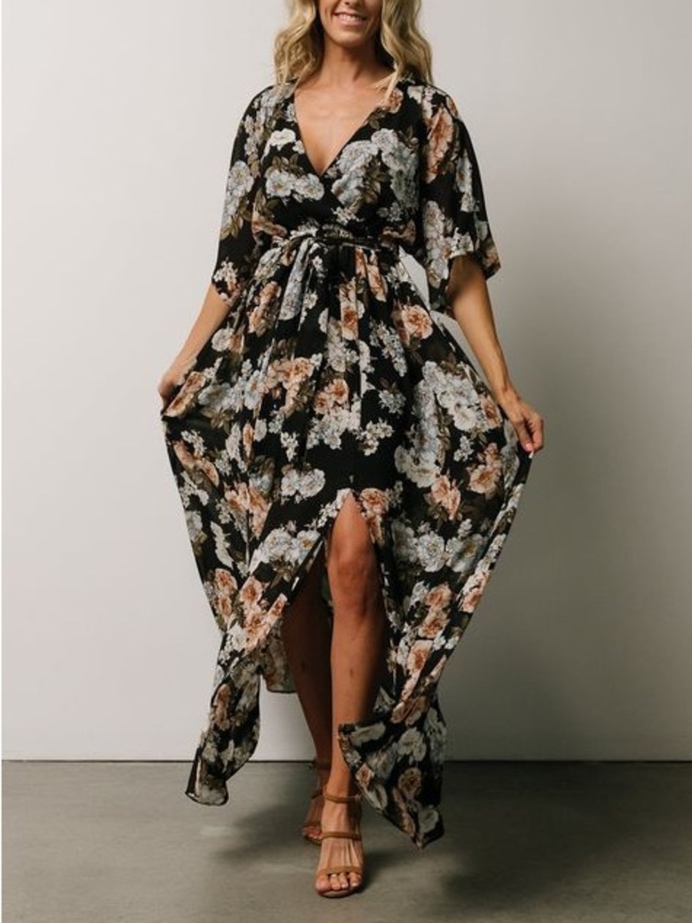 Baltic Born Black Floral Maxi Dress with Peach and Cream Blooms